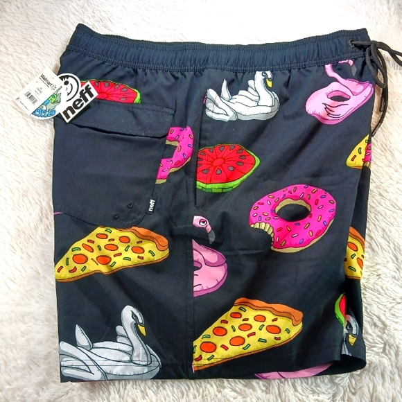 NWT Neff Black Swim + Shorts with Colorful Food and Swan Print Mens Size XL. - Picture 1 of 9